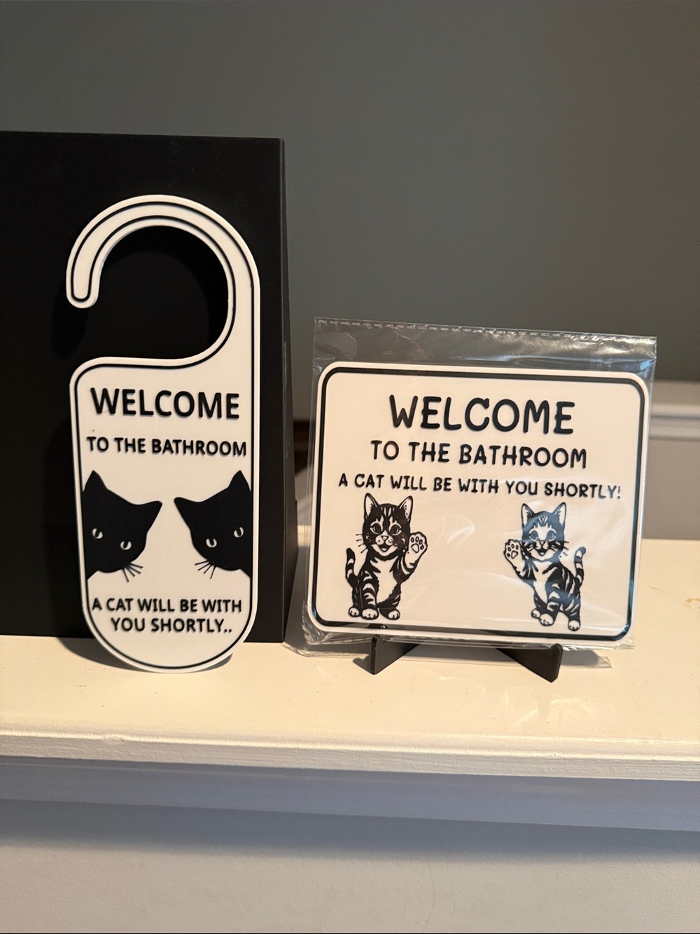 Welcome to the Bathroom - Black & White Cat Door Hanger and Sign